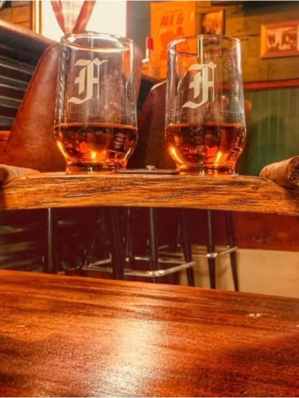Whiskey Flight Tasting Set with Wooden Paddle - Amber Glasses